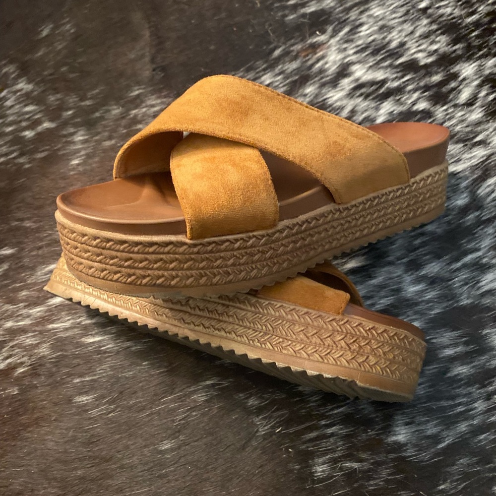 Tan/Cognac Platform Slides With Suede - image 1